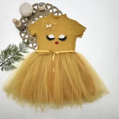 5-6-7 Yaş Payetli Süslü Yüz Baskılı Kız Çocuk Elbisesi Hardal - 1