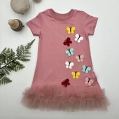 1-2-3 Yaş Renkli Kelebekler Nakışlı Eteği Fırfırlı Jile Çocuk Elbisesi Gül Kurusu - 1