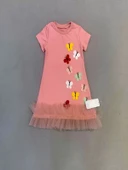 1-2-3 Yaş Renkli Kelebekler Nakışlı Eteği Fırfırlı Jile Çocuk Elbisesi Gül Kurusu - 2