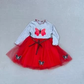 5-6-7 Yaş Taşlı Kelebek Desenli Kurdela Kuşaklı Astarlı Kız Çocuk Tütü Elbise Kırmızı - 1