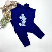 3-4-5 Yaş Kapşonlu Payetli Mickey Desenli Kısa Kol 2li Kız Erkek Çocuk Takımı Lacivert thumbnail 1