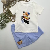 1-2-3 Yaş Kaykaycı Ayı Baskılı Şortlu Kısa Kollu Tişört 2li Erkek Bebek Takımı Ekru thumbnail 1
