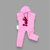 3-4-5 Yaş Kapşonlu Payetli Mickey Desenli Kısa Kol 2li Kız Erkek Çocuk Takımı Pembe thumbnail 2