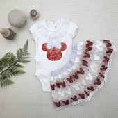 1-2-3 Yaş Payetli Mickey Nakışlı Kısa Kollu Brode Etekli 2li Kız Bebek Takımı Kırmızı - 1