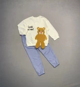 2-3-4 Yaş Ayıcık Sallanan Ayak Desenli Likra Penye Kumaş Sweat Pantolonlu Kız Erkek 2li Çocuk Takımı Ekru thumbnail 2