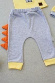 3-6 6-9 9-12 Ay Minik Dino Nakışlı Şapkalı Uzun Kollu Sweat 3lü Kız-erkek Bebek Takımı Sarı - 3
