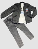 4-5-6 Yaş Kot Pantolonlu Pilot Mont Uzun Kollu Penye Sweat 3lü Erkek Çocuk Takımı Füme - 2