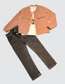 4-5-6 Yaş Kot Pantolonlu Nubukceketli Uzun Kollu Penye Sweat 3lü Erkek Çocuk Takımı Kiremit thumbnail 2