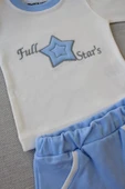 3-6 6-9 9-12 Ay Full Star Nakışlı Şapkalı Uzun Kollu Sweat 3lü Erkek Bebek Takımı Mavi - 2