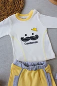 3-6 6-9 9-12 Ay Gentleman Erkek Nakışlı Şapkalı Uzun Kollu Sweat 3lü Erkek Bebek Takımı Sarı thumbnail 1