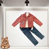 3-4-5 Yaş Fitilli Kadife Ceket Kot Pantolonlu 3lü Kız Erkek Çocuk Takımı Gül Kurusu thumbnail 1