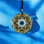 Altın Varaklı Ve Siyah Yaprak Desenli Nazar Boncuklu Füzyon Cam Duvar Süsü thumbnail 3