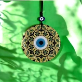 Altın Varaklı Ve Siyah Yaprak Desenli Nazar Boncuklu Füzyon Cam Duvar Süsü thumbnail 4