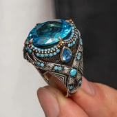 Aqua Mavi Taşlı Gümüş Erkek Yüzük - 1