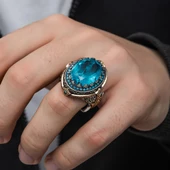 Mavi Paraiba Taşlı Gümüş Erkek Yüzük - 5
