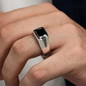 Siyah Zirkon Taşlı Gümüş Erkek Yüzük - 5