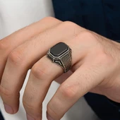 Oniks Taşlı Lale Desenli Gümüş Erkek Yüzük - 5