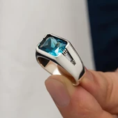 Aqua Mavi Taşlı Gümüş Erkek Yüzük - 1