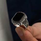 Kare Oniks Taşlı Gümüş Erkek Yüzük - 2