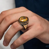 Oval Sitrin Taşlı Gümüş Erkek Yüzük - 4