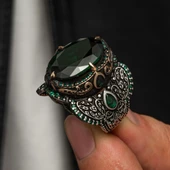 Oval Yeşil Zirkon Taşlı Gümüş Erkek Yüzük - 1