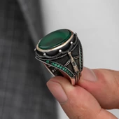 Oval Yeşil Akik Taşlı Gümüş Erkek Yüzük - 1