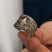 Barok Desenli Tuğralı Gümüş Erkek Yüzük - 1