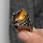 Oval Kaplan Gözü Taşlı Gümüş Erkek Yüzük - 2