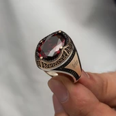 Oval Kırmızı Zirkon Taşlı Gümüş Erkek Yüzük - 1