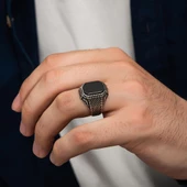 Oniks Taşlı Lale Desenli Gümüş Erkek Yüzük - 4