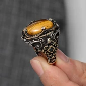 Oval Kaplan Gözü Taşlı Gümüş Erkek Yüzük - 1
