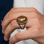 Oval Sitrin Taşlı Gümüş Erkek Yüzük - 5