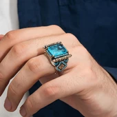 Paraiba Taşlı Gümüş Erkek Yüzük - 5