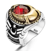 Uzman Çavuş Yazılı Ay Yıldız İşlemeli Gümüş Erkek Yüzük - 2