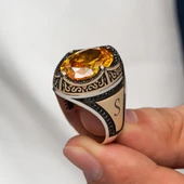 Oval Sitrin Taşlı Gümüş Erkek Yüzük - 1