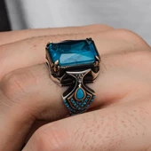 Oktagon Kesim Paraiba Taşlı Gümüş Erkek Yüzük - 5