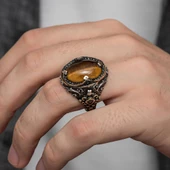 Oval Kaplan Gözü Taşlı Gümüş Erkek Yüzük - 4