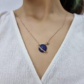 Gezegen Mavi Taşlı Gold Kaplama 925 Ayar Zirkon Taşlı Gümüş Kolye - 1