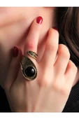 Doğal Taş Oniks Yuvarlak Doğal Taşlı Ayarlanabilir Antik İşlemeli Yüzük euy31o thumbnail 1