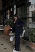 3 lü Kadın Takım Beyaz Çizgi Detaylı Crop Yelek Ceket Bol Kesim Bol Paça Pantolon Alt Üst Takım - Lacivert - 4