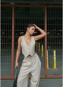 3 lü Kadın Takım Beyaz Çizgi Detaylı Crop Yelek Ceket Bol Kesim Bol Paça Pantolon Alt Üst Takım - Beyaz - 6