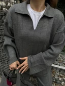 Yakalı Triko İkili Takım - Füme - 4