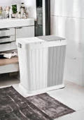 Büyük Boy Çift Hazneli Çamaşır Sepeti - 2'li Çok Amaçlı Kutu, Çöp Kovası  - 80 Litre - Ekru-Gri - 3