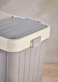 Büyük Boy Çift Hazneli Çamaşır Sepeti - 2'li Çok Amaçlı Kutu, Çöp Kovası  - 80 Litre - Ekru-Gri - 6