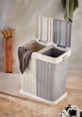 Büyük Boy Çift Hazneli Çamaşır Sepeti - 2'li Çok Amaçlı Kutu, Çöp Kovası  - 80 Litre - Ekru-Gri - 1