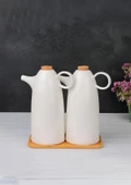 2'li Porselen Yağdanlık Seti - Bambu Altlıklı Yağlık Takımı - Mantar Kapak - 2x500 ML - 2