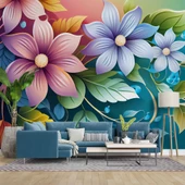 3 Boyutlu Rengarenk Çiçek Temalı Duvar Kağıdı thumbnail 1