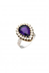 Mor Ametist Taşlı Hürrem Sultan Damla Otantik Gümüş Üçlü Kadın Seti Ayarlanabilir Yüzük - 2