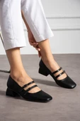 Albishoes Kadın Kare Topuk Küt Burunlu Çift Bantlı Klasik Ofis Günlük Şık Topuklu Ayakkabı (36-44) - 3