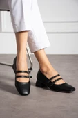 Albishoes Kadın Kare Topuk Küt Burunlu Çift Bantlı Klasik Ofis Günlük Şık Topuklu Ayakkabı (36-44) - 2